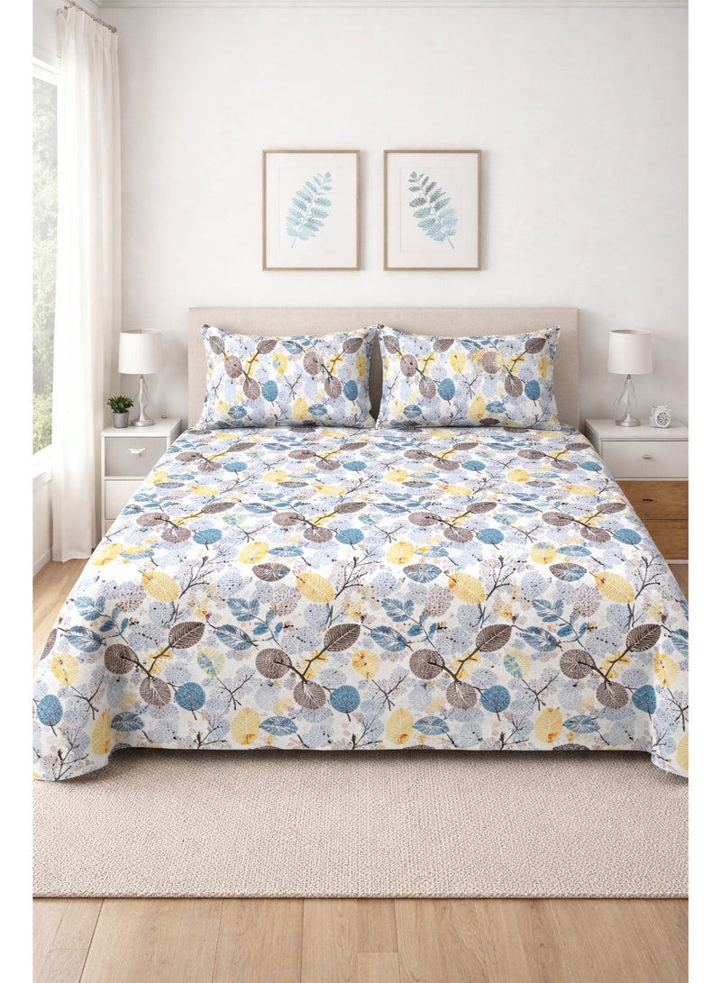 King Size Bedsheet, With 2 Pillow Covers, Modern Geometric Bedding Set, King Size 240x220 cm, Cotton Blend Bed Sheet with 2 Pillowcases, Navy Blue, Black Tan White Leaves Pattern. Anti-Allergic Fabric.  King Size Bed Sheet - Image 5